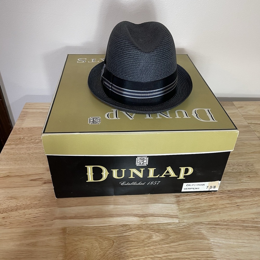 Dunlap Supreme Fedora Pavia 6 7/8 Black Gray Ribbon‎ Hat Straw Box Panama